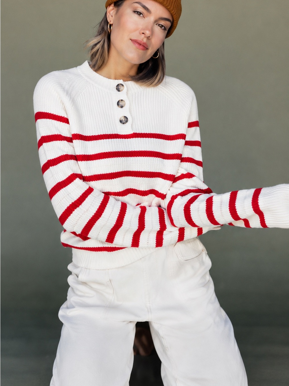 Roolee Good Things Striped Henley Sweater Red Cream Medium LIKE NEW